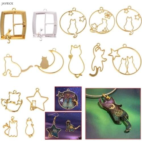 14 Pcs/Set DIY Epoxy Resin Crafts Metal Frame Cat Kitten Moon Shape Cartoon Jewelry Pendant Necklace UV Resin Material Handmade