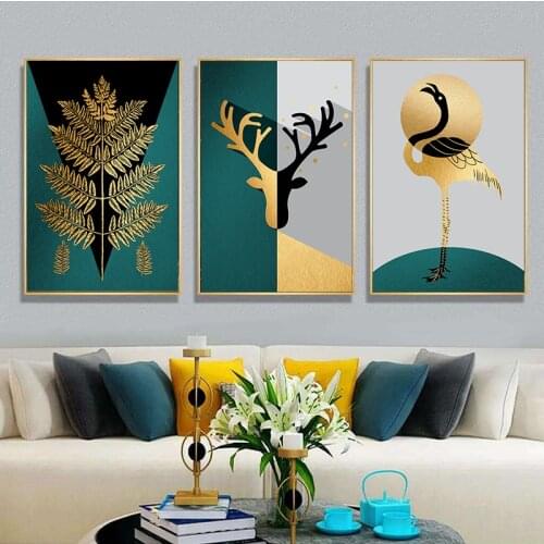 Abstract Green Golden Crane Leaves Deer Canvas Painting Poster and Print Modern Wall Art Picture For Living Room Decoration