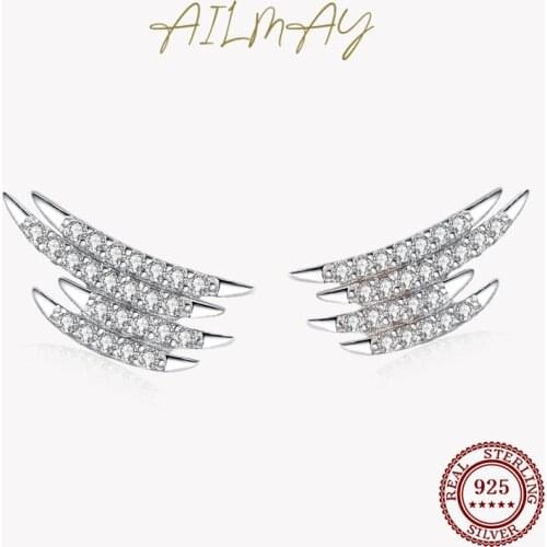 Ailmay Genuine 925 Sterling Silver Sparkling Zircon Geometric Line Exquisite Stud Earrings For Women Wedding Engagement Jewelry