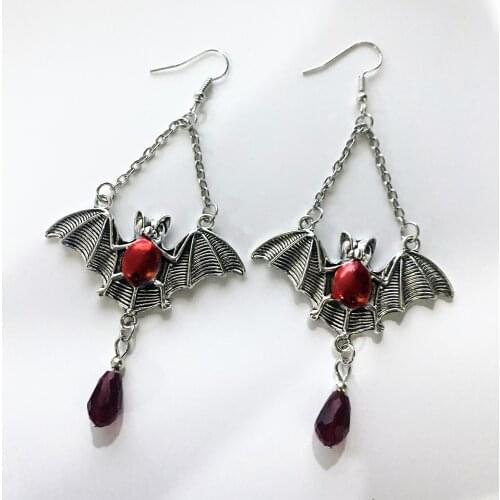 Boucles D'oreilles Dames Gothiques Noires, Bijoux Chauve-souris, Dames Halloween, Gouttes De Verre Et De Cristal