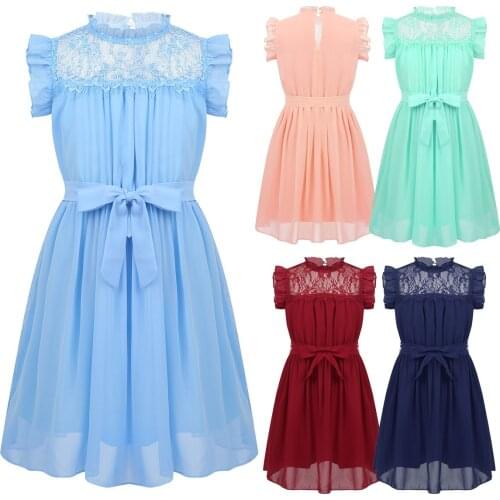 Kids Girls Floral Lace Dress Casual Spring Summer Party Sleeveless Chiffon Dresses Solid Color Bowknot Kids Dresses Clothes