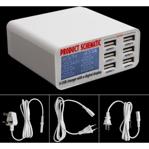 EU/US/UK Plug 6A 6 USB Port Fast Charger HUB Wall Charging Adapter with LCD Screen