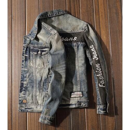 This coat is slim and small.European and American fashion denim jacket male contrast color stitching trend letter embroidery jac