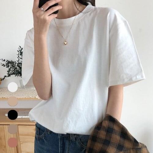 Oversized T-shirt Summer Cotton Simple New Womens Solid Short Sleeve T-shirt Office Lady Tops Retro Round Neck Pullover