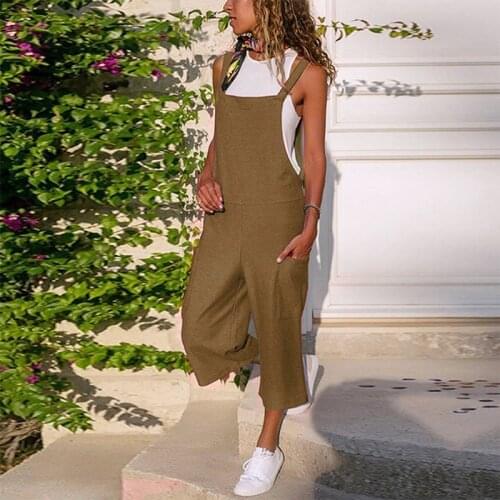 Cotton Linen Sleeveless Wide-leg Jumpsuit Patchwork Pocket Suspenders Bib Jumpsuits 2021 Spring Summer Streetwear Ladies Rompers