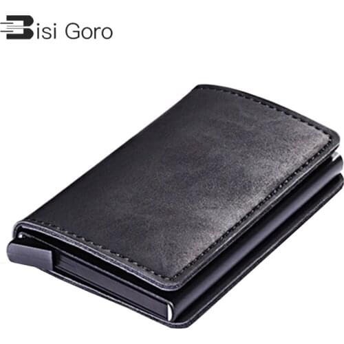 BISI GORO 2021 PU Leather Metal Single Box Credit Card Holder Card Case Women and Men RFID Wallets Vintage Business ID Holder