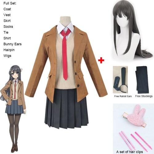 Anime Sakurajima Mai Cosplay Costume Rascal Does Not Dream of Bunny Girl Senpai Mai Cosplay Wig and Bunny Ears Headwear