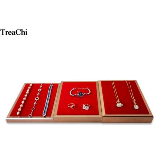 Red Velvet Ring Earring Necklace Bracelet Storage expositor Counter Showcase Rectangle Stainless Steel Jewelry Display Case Tray