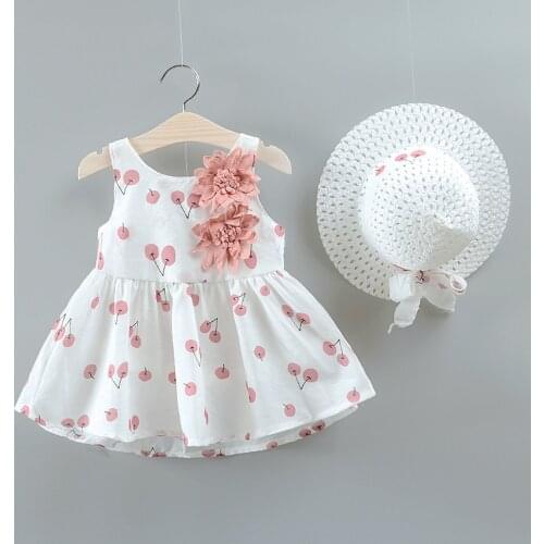 Summer cherry explosion dress baby girl children sleeveless cherry flower vest dress + straw hat suit small fresh белое платье 5