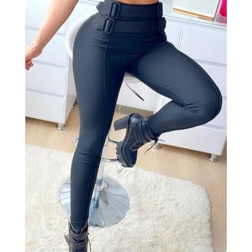 Trendy High Waist Solid Color Skinny Pants Trousers with Buckle Belts Women Sexy Stretchy Leggings