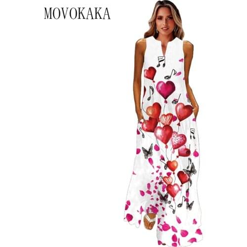 MOVOKAKA Heart Balloon Print White Dress 2021 Casual Plus Size Girls Long Dresses Summer Woman Sleeveless Beach Maxi Dress Women