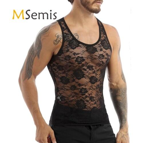 MSemis Mens Crossdressing Sissy Hot Sexy Lingerie Sleeveless Mesh Sheer Floral Lace Muscle Fitted T-Shirt Gay Tank Top