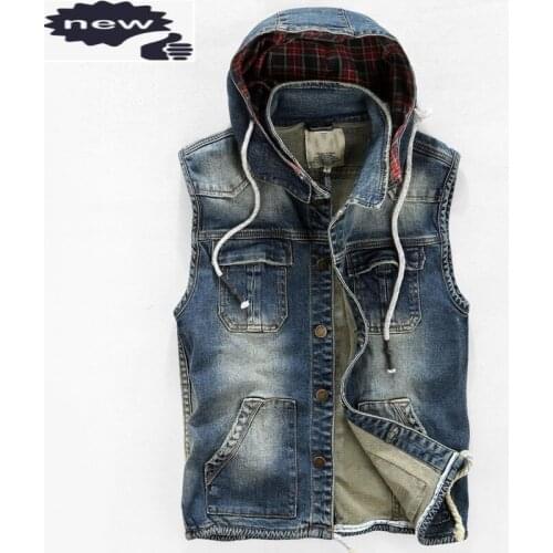 Mens Sleeveless Jacket Safari Style Hoody Waistcoat Washed Denim Slim Fit Outwear Multi Pockets Gilet Casual Colete Mmasculino