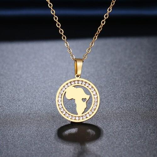 CACANA 316L Stainless Steel Africa Map Necklace NEW Crystal Rhinestone Necklaces For Women Wedding Valentines Day Jewelry Gift