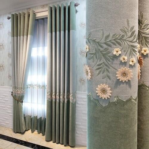 Chenille Embossed Embroidered Green Pastoral Stitching Curtains Living Room Bedroom French Window Curtains