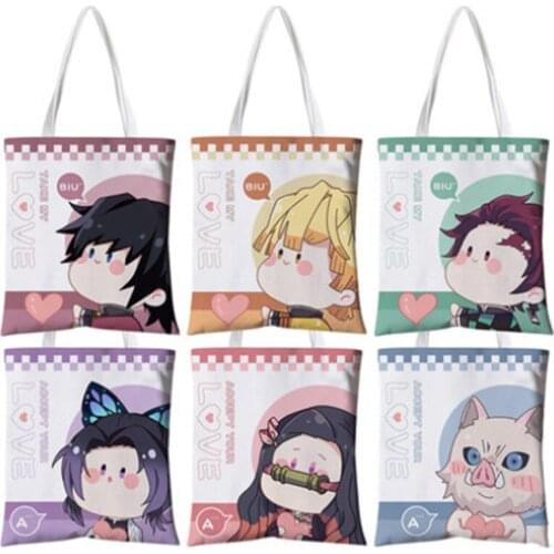 Anime Demon Slayer Kimetsu No Yaiba Shinobu Tomioka Giyuu Shouder Bags For Women 2-Sides Canvas Bag Storage Package Tote Purse