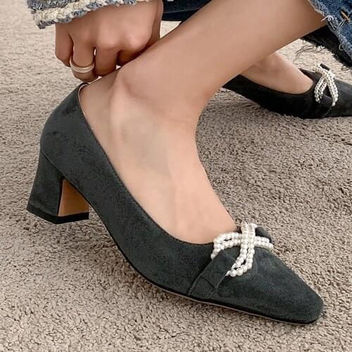 Beef Tendon Bottom Beaded Bow Thick Heel High Heels Square Toe Flock Pumps Ladies Set Foot Matte Mary Jane Shoes