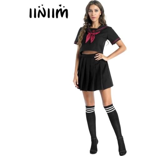 Womens Japanese School Girls Uniform Fancy Cosplay Costume Sailor Collar Embroidered Tops with Pleated Skirt Bow Tie Stocking