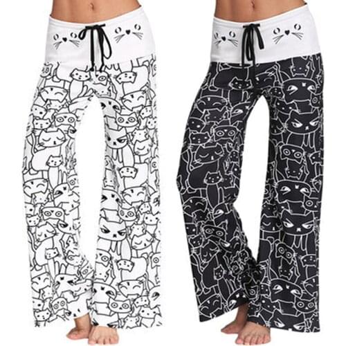Women Mid Waist Cat Print Wide Leg Long Yoga Pants Elastic Drawstring Leggings RW