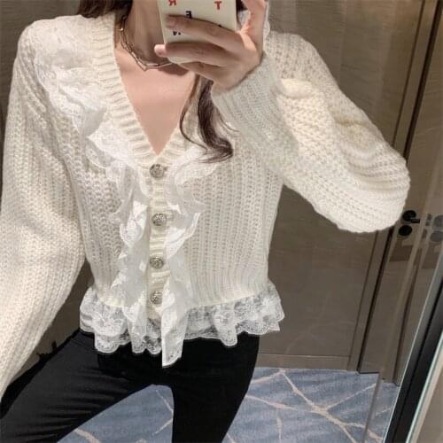 Autumn Newly Solid Color Patchwork Lace Ruffled Women Cardigan Fashion Loose Buttons Sweater Long Sleeve Ladies Knit Cardigans