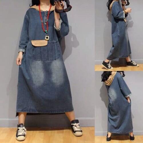 21Spring Summer Denim Dresses Women Washed Bleached Vintage Loose Patchwork Pocket Hooded Female Fashion Long Clothing