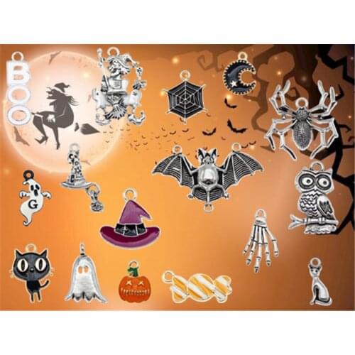 10Pcs/10pair Mix Halloween Hat Ghost Spider Owl Net Skull Cat Bat Necklace Party Jewelry Findings Handmade DIY Anklet Keychain