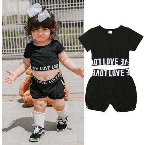 Citgeett 2PCS Kids Baby Girls Clothes Love Crop T-shirt Tops + Pants Shorts Summer Outfits Black Cute Fashion Set