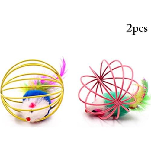 2Pcs/Set Cat Toys Fake Rabbit Fur Mouse In Cage Cat Interactive Toy Kitten Toy Pet Supplies Cat Favors Random Color
