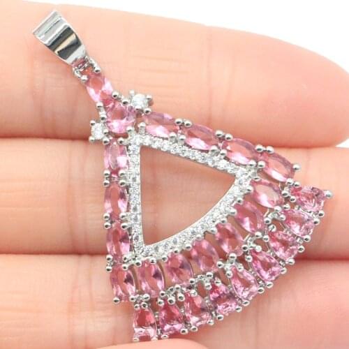 44x31mm Stunning Trangle Drop Created Pink Tourmaline White CZ Gift For Ladies Silver Pendant