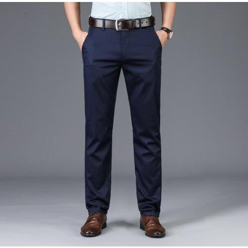 TFETTERS 2021 New Summer Casual Pants Men Mid Straight Full Length Trouser Male Solid Color Flat Design Business Black Pants Men