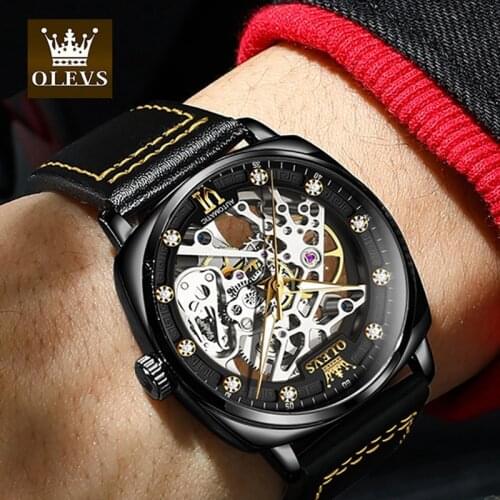 OLEVS Mens Watch Automatic Mechanical Luxury Watches Man Punk Tonneau Fashion Business Hollow Design Waterproof Mans WristWatch