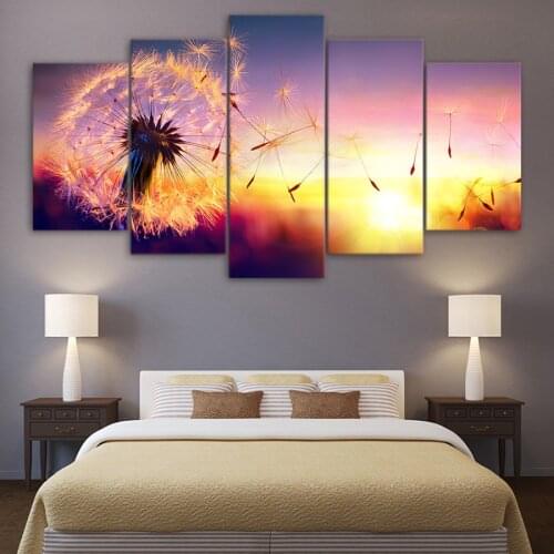 Canvas 5 Piece Dandelion Flying in Sunset Inspirational Poster Canvas Painting Landscape Poster For Kids Room Decor