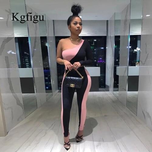 KGFIGU 2021 New Arrival One Shouder Long Sleeve Fittness Ladies Biker Sport Workout Asymmetry Women 2 Pieces Matching Sets