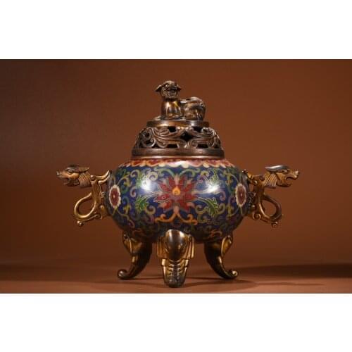 9"Chinese temple collection Old Bronze Cloisonne Enamel Lion cover Dragon handle Three-legged incense burner Ornaments