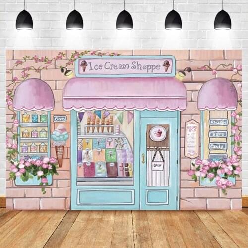 Laeacco Cartoon Brick Wall Ice Cream Store Flower Baby Birthday Custom Photography Backdrop Photo Background For Photo Studio