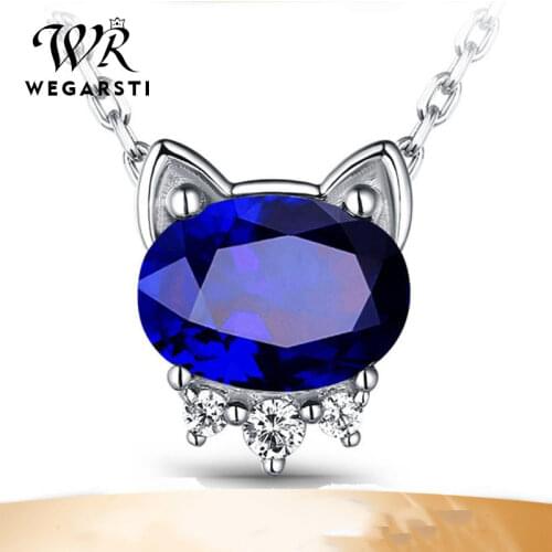 WEGARSTI 925 Silver Cut Cat Sapphire Jewelry Pendant Necklaces For Sweet Girls Thin Chain Fine Jewelry Free Shipping