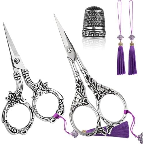2 Pairs Embroidery Scissors Set, Sewing Scissors Sharp Tip Stainless Steel, Vintage European Design Scissors with Tassel,Thimble