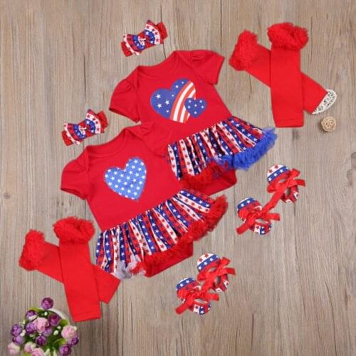OPPERIAYA Independence Day Outfits Baby Girls Stars Striped Short Sleeve Round Neck Bodysuit Dress Bowknot Headband Socks Shoes