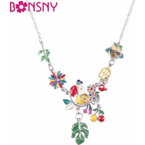 Bonsny Enamel Bird Cherry leaf Maxi Necklace Women Pendant Statement Choker Chain Collar 2017 New Jewelry For Women Bijoux Gifts