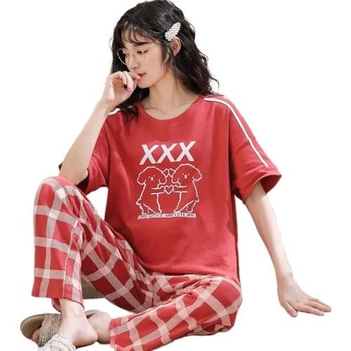 Spring Short Sleeve Trousers Contrasting Colors Pajama Set Women Loose Casual Two-piece Sleepwear Tops for Women Summer Pajamas
