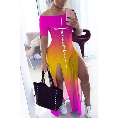 Short Sleeve Maxi Dresses for Women Letter Print Off Shoulder Spring Summer Plus Size Casual Tie Dye Split Long Boho Dress