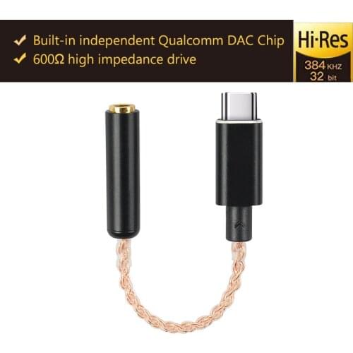 Qualcomm DAC USB Type C To 3.5mm Headphone Amplifier 32b/384kHz HiFi USB-C DAC dongle Decoder for type C Android 3.5mm Adapter