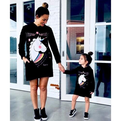 Christmas Mother And Daughter Hooded Long Sleeve Dress Cute Unicorn Print Family Party Parent-child Outfit Mom Baby Kids Clothes