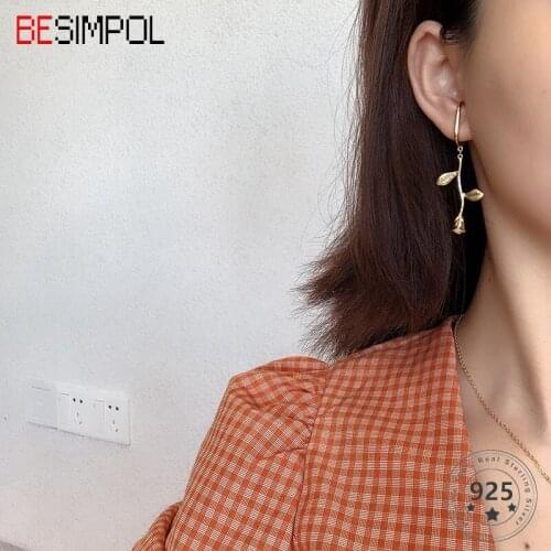 Besimpol Real 925 Sterling Silver Earrings Fashion French Style Elegant Rose Ear Clip Earrings For Women Minimalist Fine Jewelry