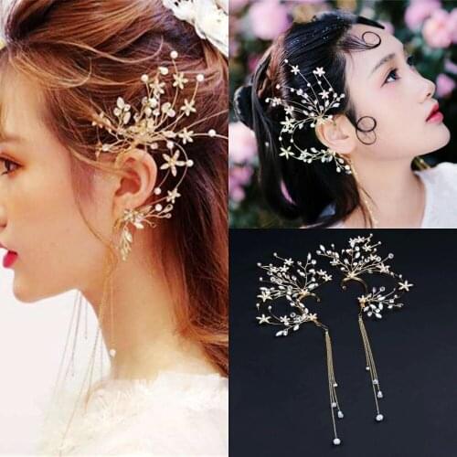 1Pair Handmade Bride Ear Hanging Earrings Brides Headdress Tassel Flower Hair Decoration Wedding Hair Accessories Tiara De Noiva