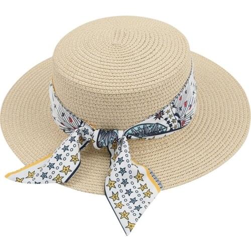 Flat Top Hat Female Summer Retro Stars Print Bow Knot Straw Hat Beach Colorful Elegant Panama Fresh Sun Cap