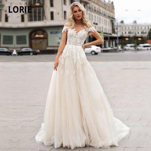 LORIE Champagne Tulle Wedding Dresses Beach Boho Lace Appliques Bridal Gown O-neck illusion Cap Sleeve Vintage Wedding Gowns