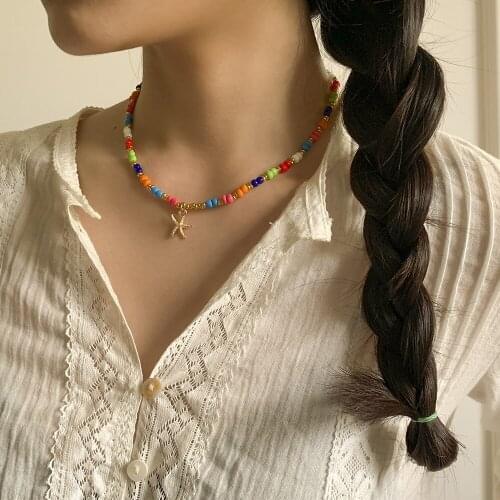 Bohemian Rainbow Seed Beaded Chain Necklaces Choker for WomenCute Star Starfish Pendant Necklace Collar Charm Fashion Jewelry