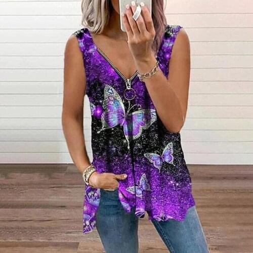 Butterfly Print Ladies Tank Tops Fashion Zipper V-Neck Sexy Loose T-Shirt Vest Summer Sleeveless Tops Female