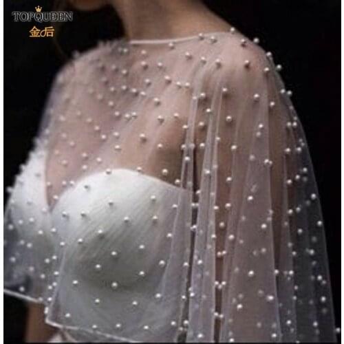 TOPQUEEN Wedding Accessories Bolero Bridal Cloak Pearls Wedding Cape Short Front Long Back Women Wrap Cape Evening Shawl G27